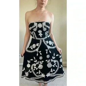 Adrianna Papell Silk Black White Beaded Floral Midi Dress Party Prom Evening